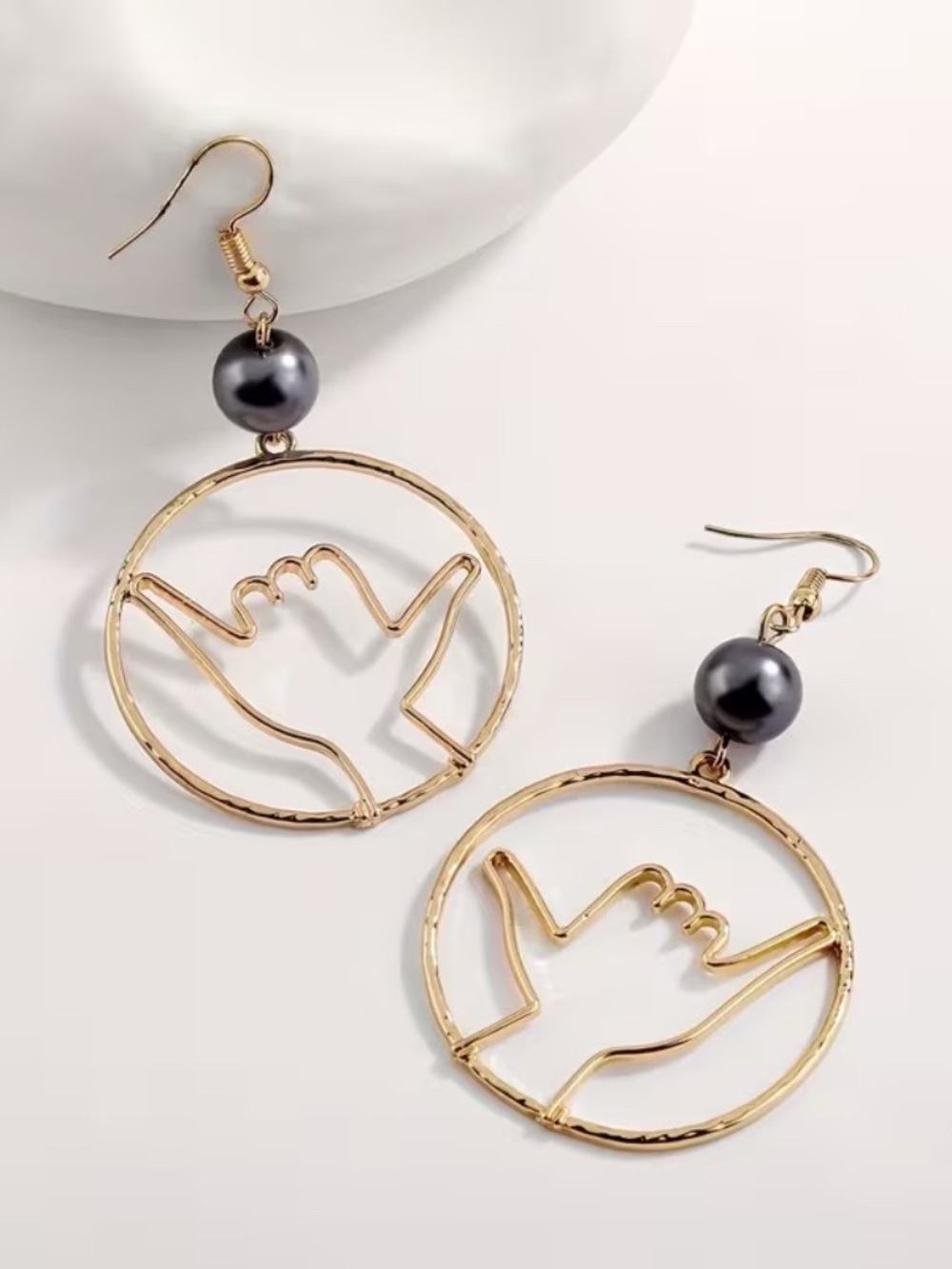 Gold Pearl Shaka Hand Earrings | Hawaiian, Islander Style - Picture 2 of 3